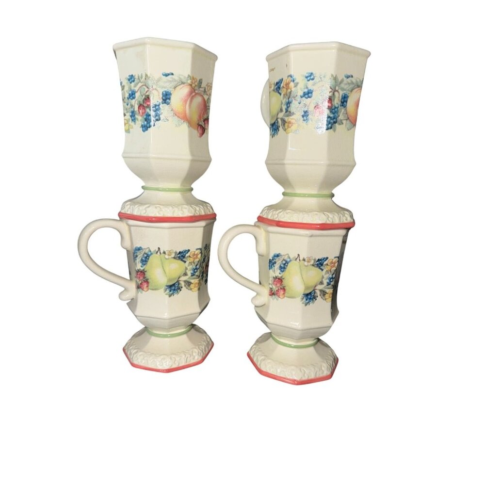 Avon Sweet Country Harvest Pedestal Mugs Set Of 4 Hexagonal Design Fruit & Flora